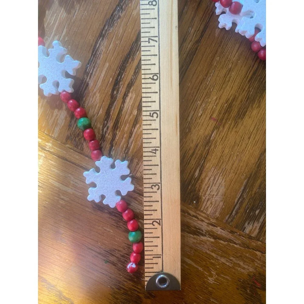 Vintage-Inspired Red & Green Wooden Bead Garland With White Glitter Snowflakes 9